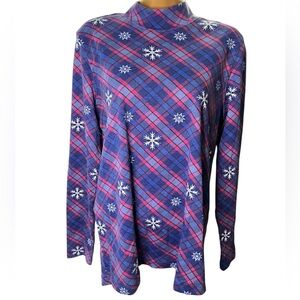 Blair Mock Neck Long Sleeve Top Snowflake Plaid Print Purple M